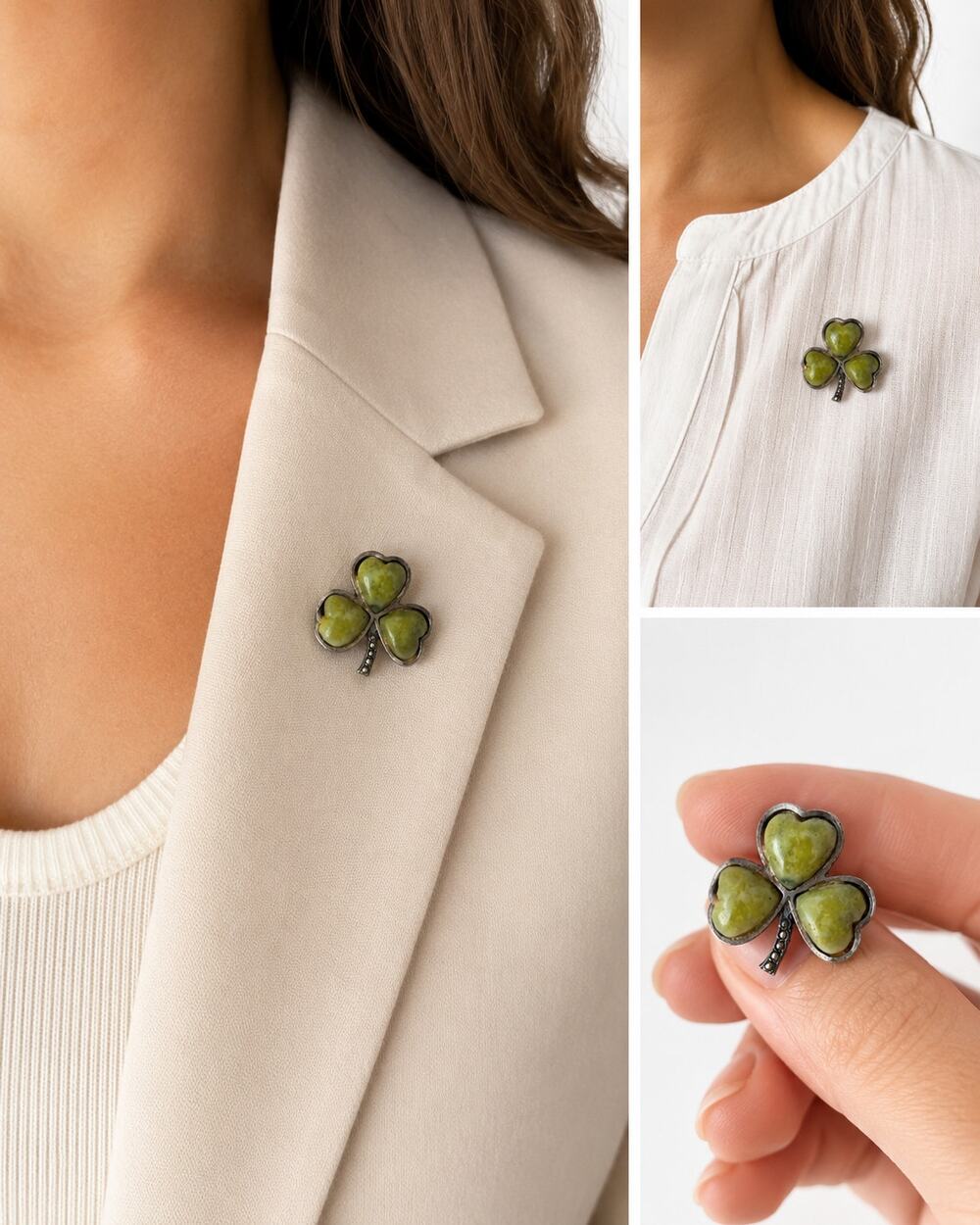 TJH Irish Sterling Silver Connemara Marble Shamrock Brooch Clover Pin Vintage